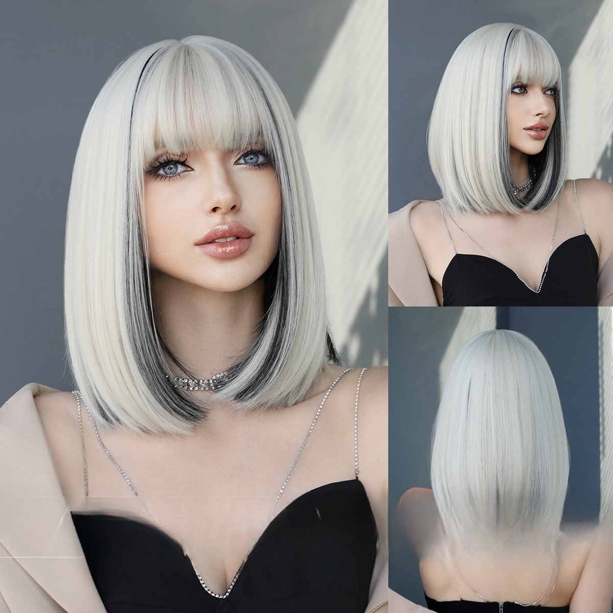 Women Wigs Platinum Short Hair With Black Highlights Fashion Short Straight Wig